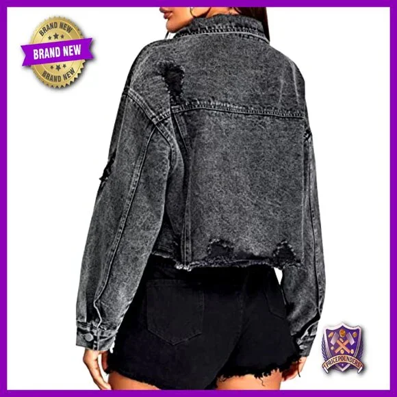 Cropped Denim Jacket Distressed Ripped Frayed Button Down Y2K Retro Chic - Picture 4 of 7